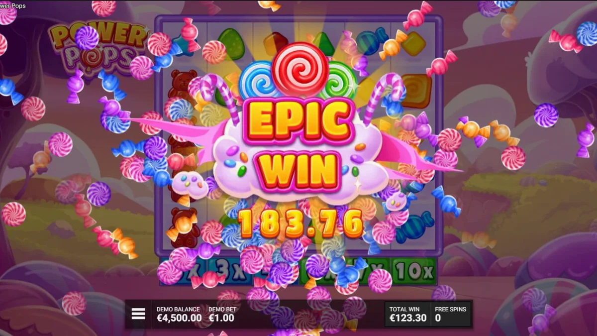 Tampilan visual slot Power Pops dengan tema permen dan warna-warna pastel yang cerah.