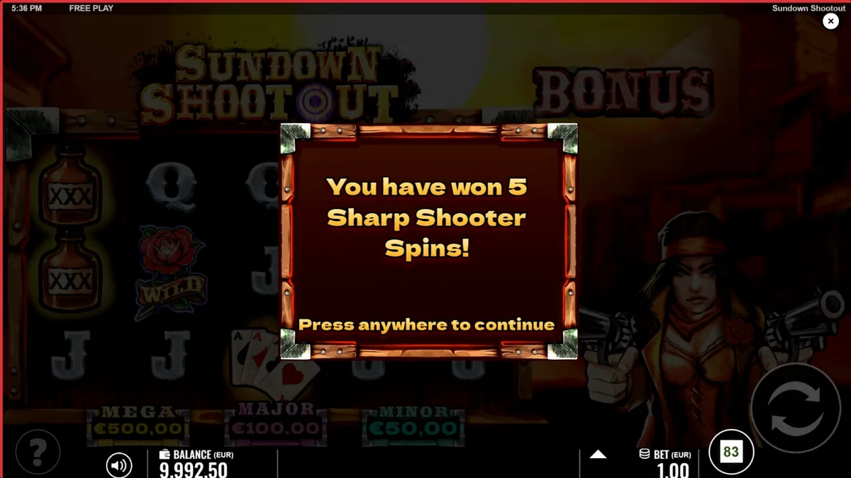 Tampilan visual slot Sundown Shootout dengan tema Wild West dan simbol revolver.