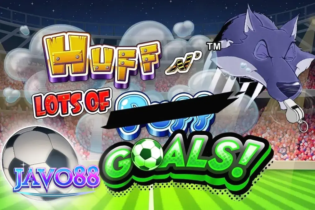 Tampilan visual slot Huff N’ Lots of Goals dengan tema sepak bola dan karakter babi